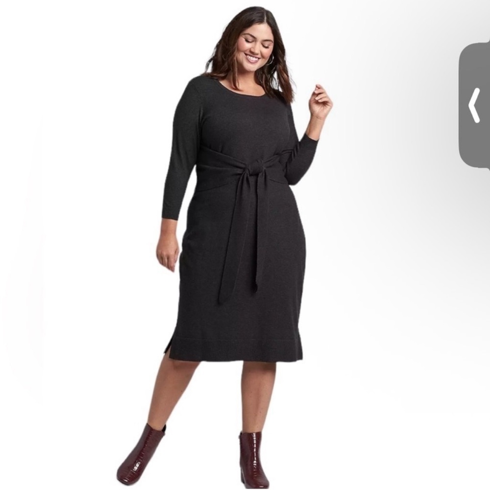 Lane Bryant Charcoal Tie Front Sweater Dress size 16 Knit long sleeve